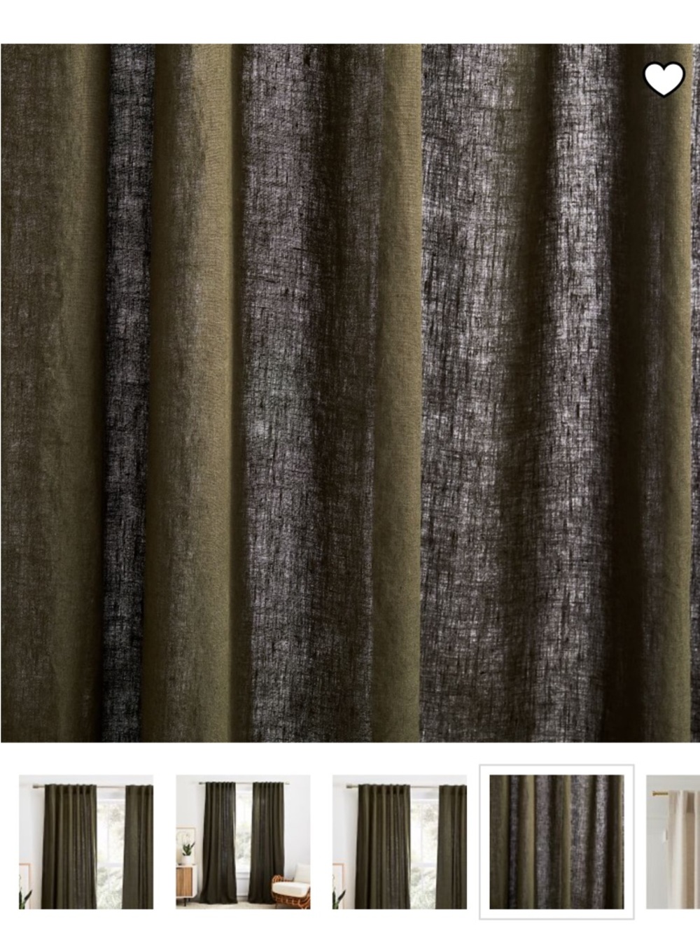 West Elm Olive Green 100% flax linen Curtain Panels set of (8) like new - Picture 2 of 7